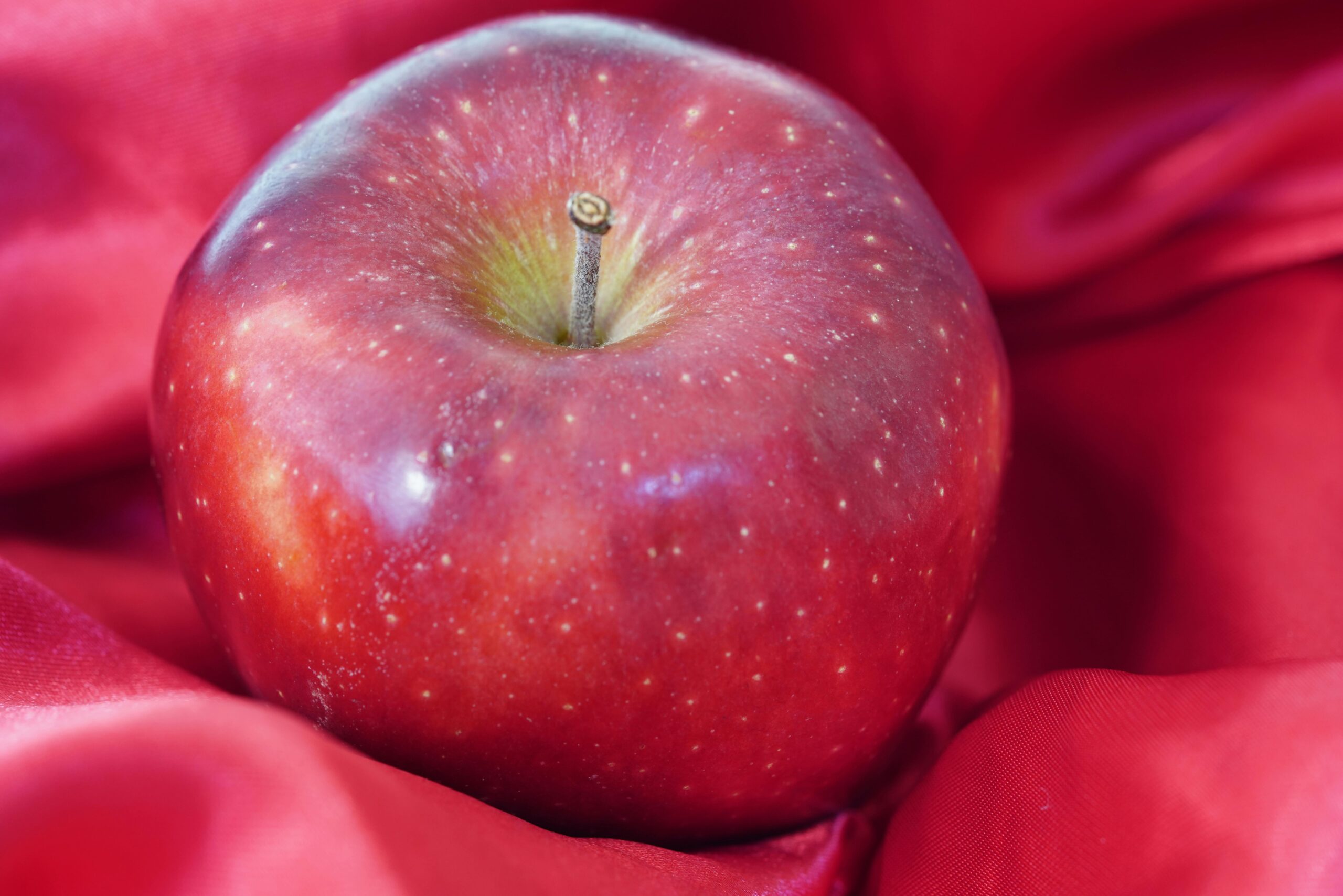 Close-up of a fresh red apple resting on red fabric, showcasing its natural shine and texture.