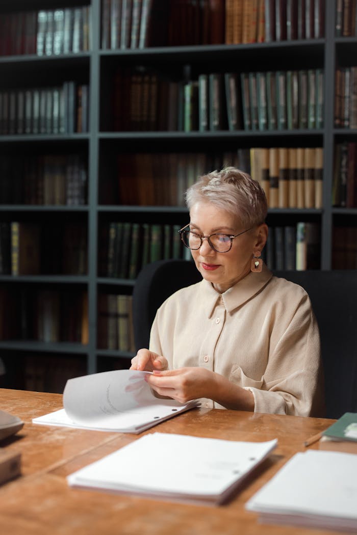 Elderly woman analyzing scripts in a library, highlighting expertise.